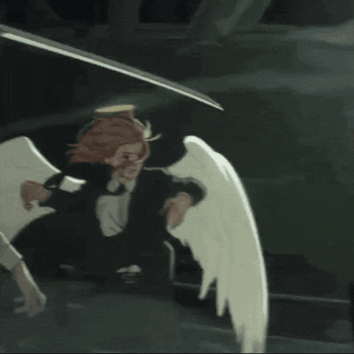 a drawing of an angel with white wings and a halo on his head
