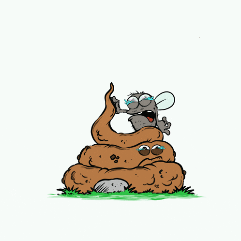 a cartoon drawing of a fly crying over a pile of poop