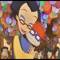 a cartoon character is hugging another cartoon character in front of balloons hanging from the ceiling .