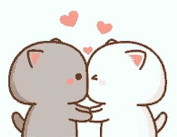 a couple of cats are kissing each other with hearts flying around them .