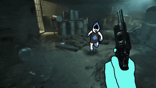 a drawing of a person holding a gun in a room