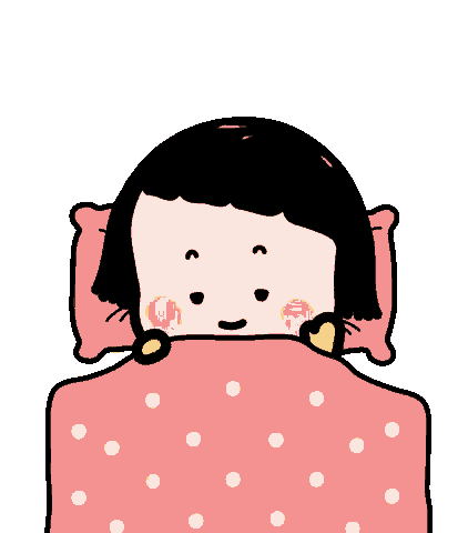 a cartoon girl is laying in a bed with a pink polka dot blanket