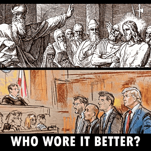 a drawing of jesus and a drawing of trump in a courtroom with the caption who wore it better