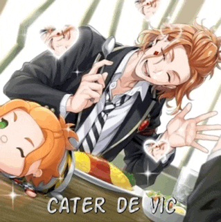a man in a suit and tie is laying on a table with a plate of food and the words cater de vic written on the bottom