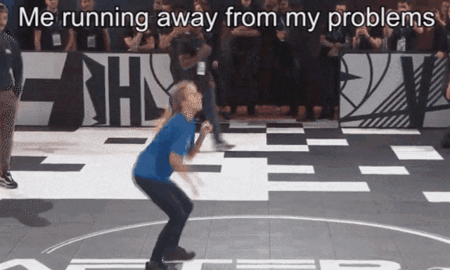 a woman in a blue shirt is jumping in the air with the caption " me running away from my problems " above her