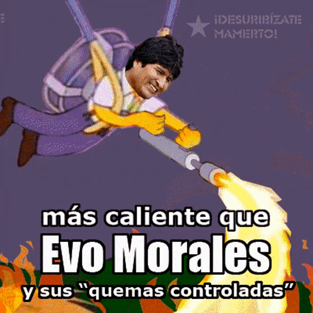 a cartoon of evo morales flying through the air