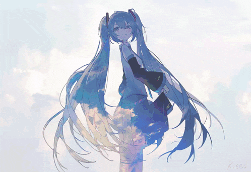 a drawing of a girl with blue hair and the word kieed on the bottom