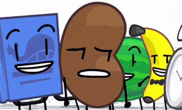 a group of cartoon characters including a banana a watermelon and a clock