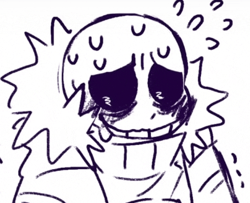a black and white drawing of a skeleton with purple eyes and a smiling face .