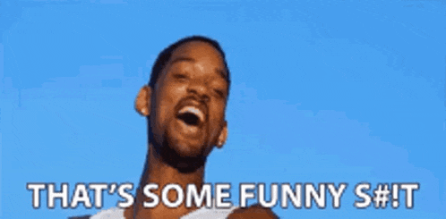 a man is pointing at the camera and saying `` that 's some funny shit ''