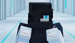a minecraft character is standing in a hallway with a blue eye and bandages on his legs .