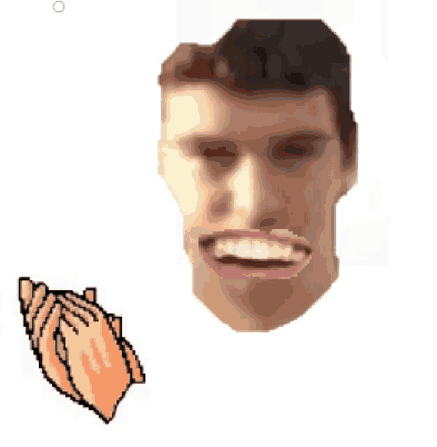 a close up of a man 's face with a hand clapping next to it