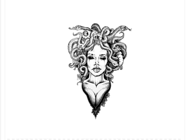 a black and white drawing of medusa with snakes in her hair