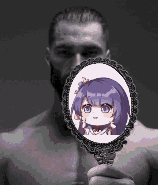 a shirtless man is holding a mirror with a picture of a girl on it