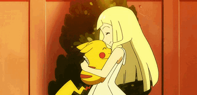 a woman in a white dress is hugging a pikachu