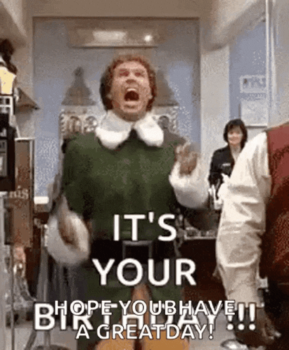 a man in a green sweater is screaming and saying `` it 's your birthday hope you have a great day '' .