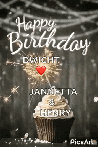 a happy birthday greeting card with a cupcake and a sparkler