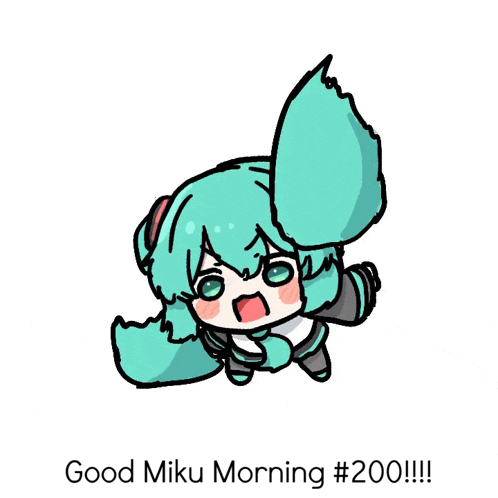 a cartoon of a girl with headphones and the words good miku morning # 200