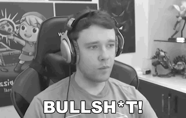 a black and white photo of a man wearing headphones with the caption bullsh*t