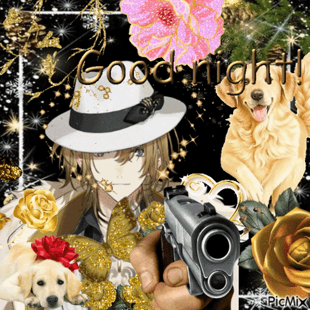 a man in a hat is holding a gun in front of a dog and flowers and says good night
