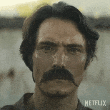 a man with a mustache and a netflix logo on the bottom