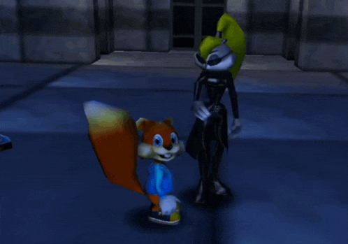 a cartoon squirrel and a rabbit are standing next to each other in a dark room