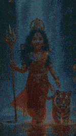 a little girl holding a trident and a tiger