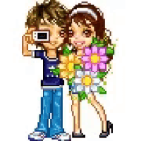 a pixel art of a boy taking a picture of a girl holding flowers .