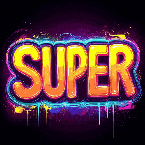 the word super is written in a colorful font on a dark background