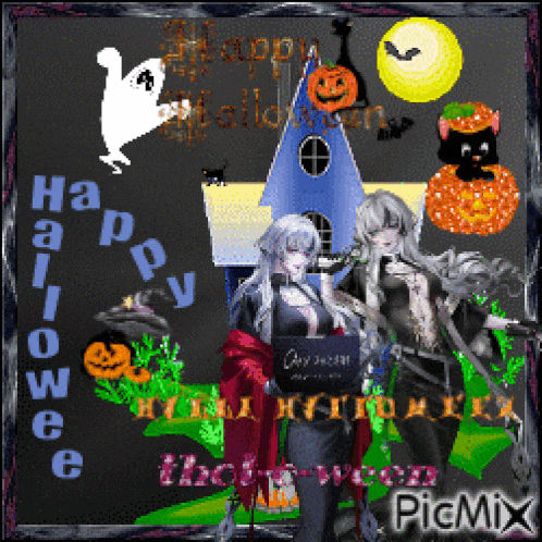 a happy halloween greeting card with a ghost and a black cat