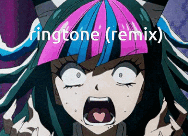 a girl with a pink and blue hair screaming with the words ringtone ( remix ) written above her