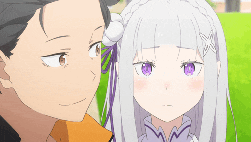 a boy and a girl are looking at each other with purple eyes