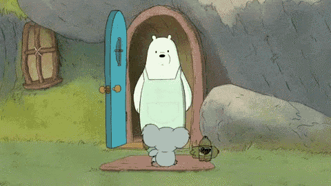 a cartoon of a polar bear standing in a doorway with the word nope written below him