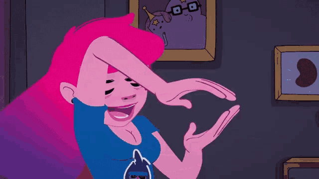 a cartoon character with pink hair and blue eyes making a heart shape with her hands