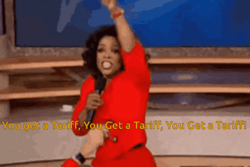 a woman in a red dress holds a microphone and says " you get a tariff "