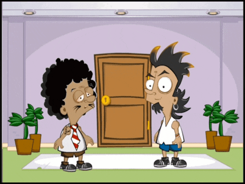 two cartoon characters standing in front of a door with the number 1 on it