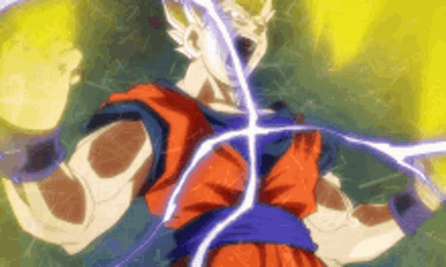 a close up of a dragon ball z character with a lightning bolt coming out of his chest .