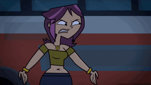a cartoon girl with purple hair and a smiley face necklace