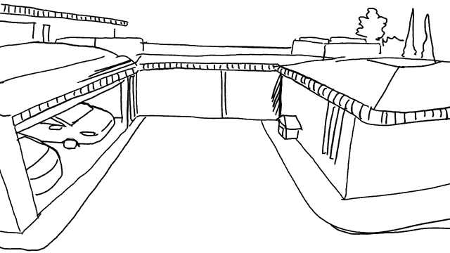 a black and white drawing of a room with a table and chairs