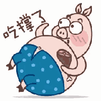 a cartoon pig is eating a piece of meat while wearing blue shorts .