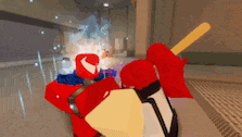 a red robot with a sword and shield is fighting another robot in a video game