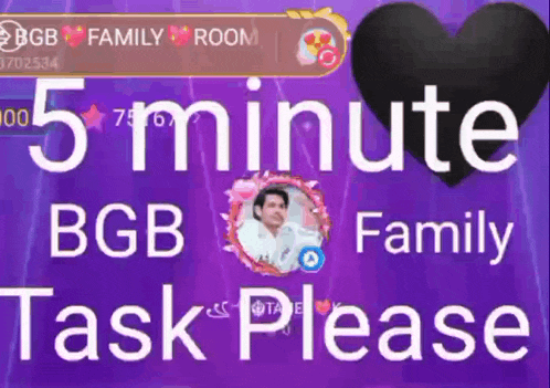 a purple background with a picture of a man and the words 5 minute bgb family task please