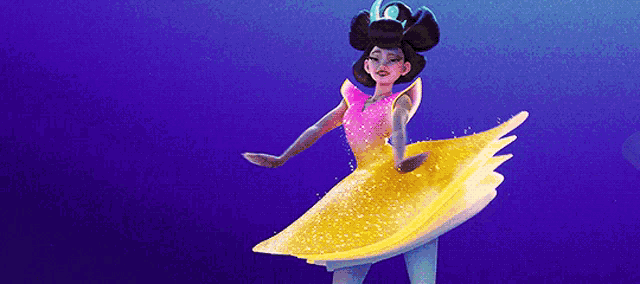 a woman in a pink and yellow dress is dancing on a blue background