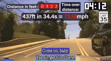 a screenshot of a car driving down a road with a speed limit of 35 mph