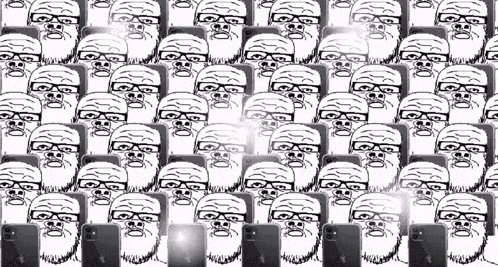 a black and white drawing of a crowd of people with glasses