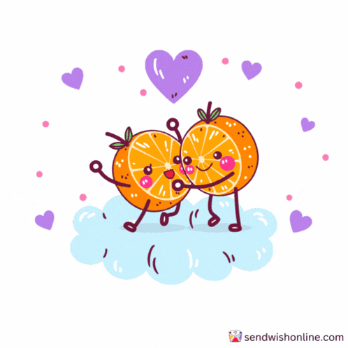 a cartoon illustration of two oranges hugging each other with hearts around them