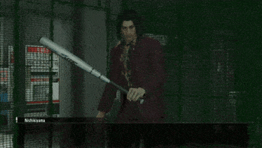 a man in a red suit is holding a baseball bat and says " you 're a real estate agent now wow "