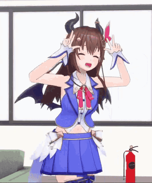 a girl with horns and wings is standing next to a fire extinguisher ..