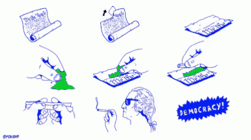 a drawing of a man smoking a cigarette with the word democracy on the bottom right