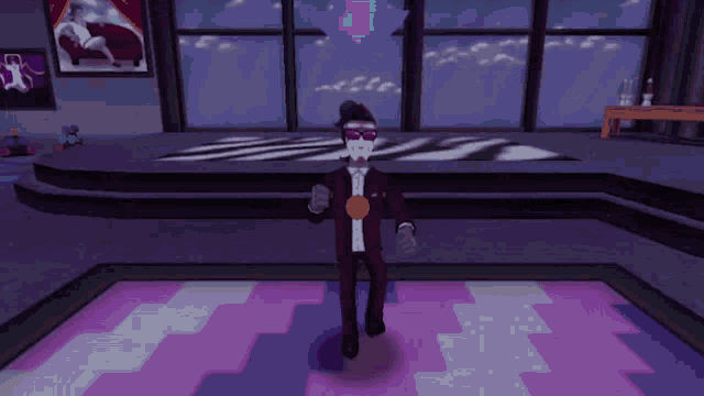a man in a suit and sunglasses is dancing on a purple and white floor